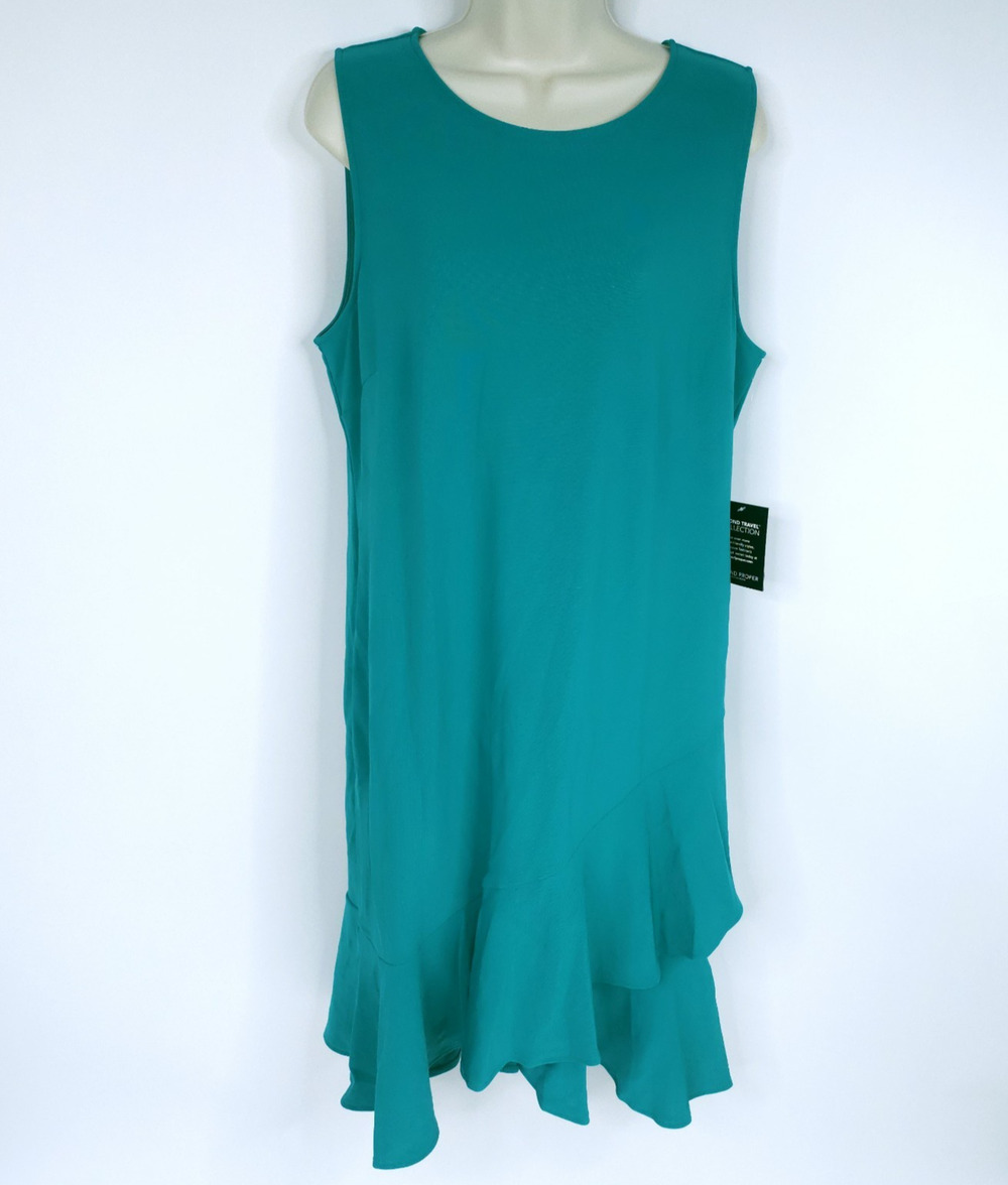 Boston Proper Womens Large Green Sleeveless Ruffle Hem Shift Dress Midi Stretch
